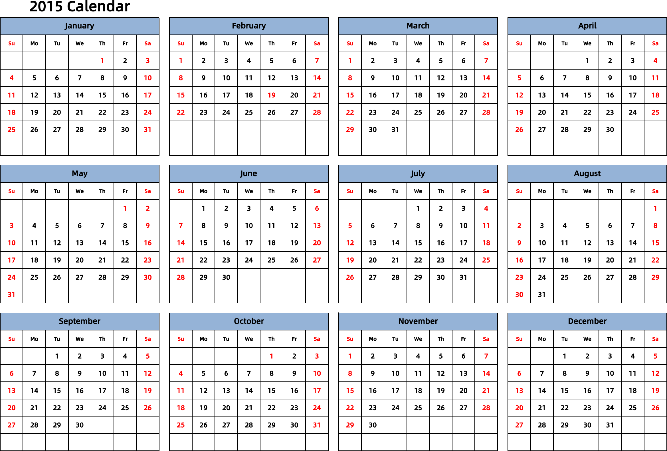 日历表2015年日历 英文版 横向排版 周日开始 带节假日调休安排